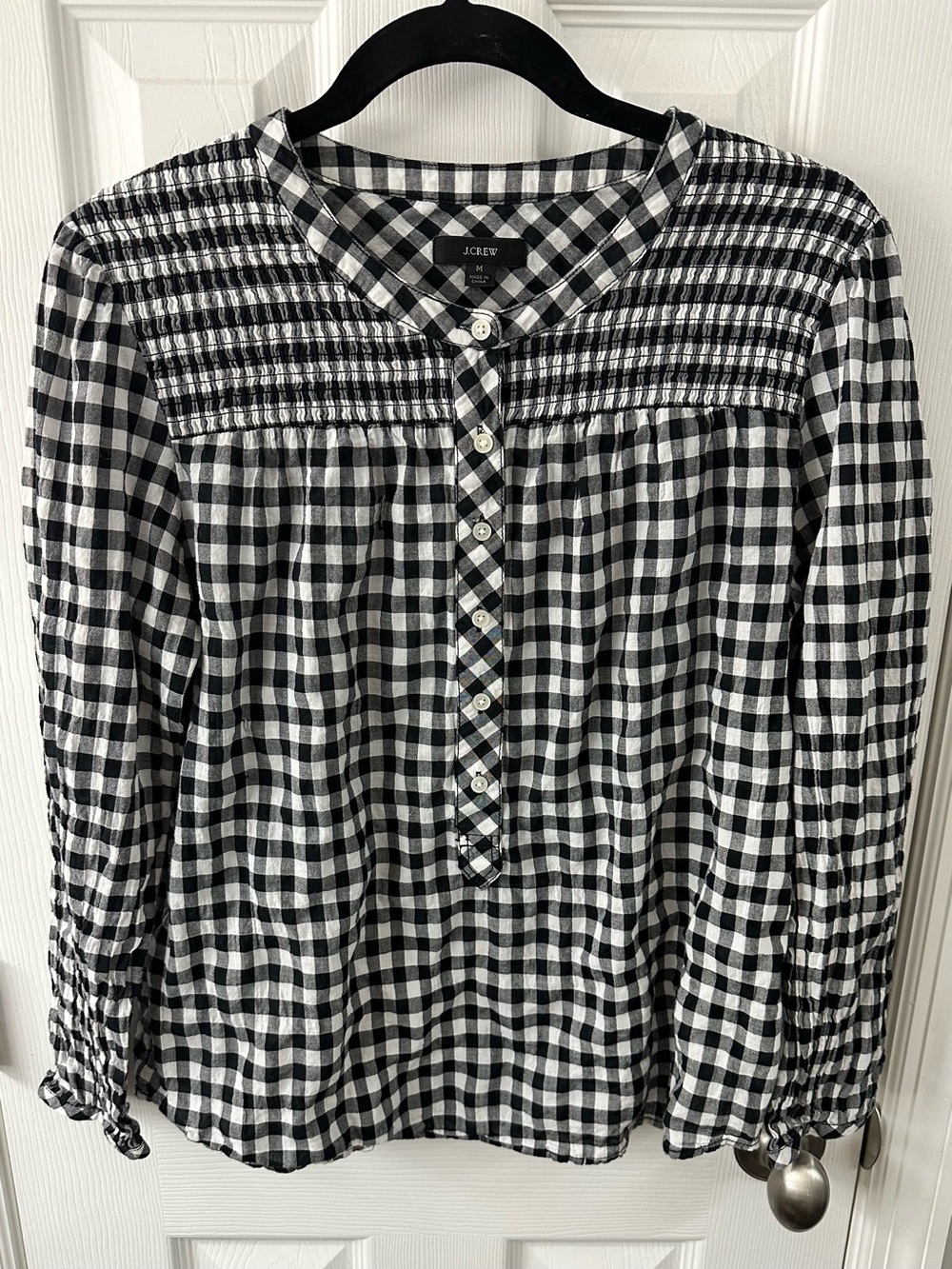 J. Crew Black & White Gingham Smocked Yoke Button-Front Blouse